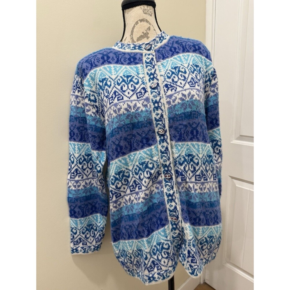 The Alpaca Connection 100% Wool Cardigan Sweater Geometric Blue Peru Sz L